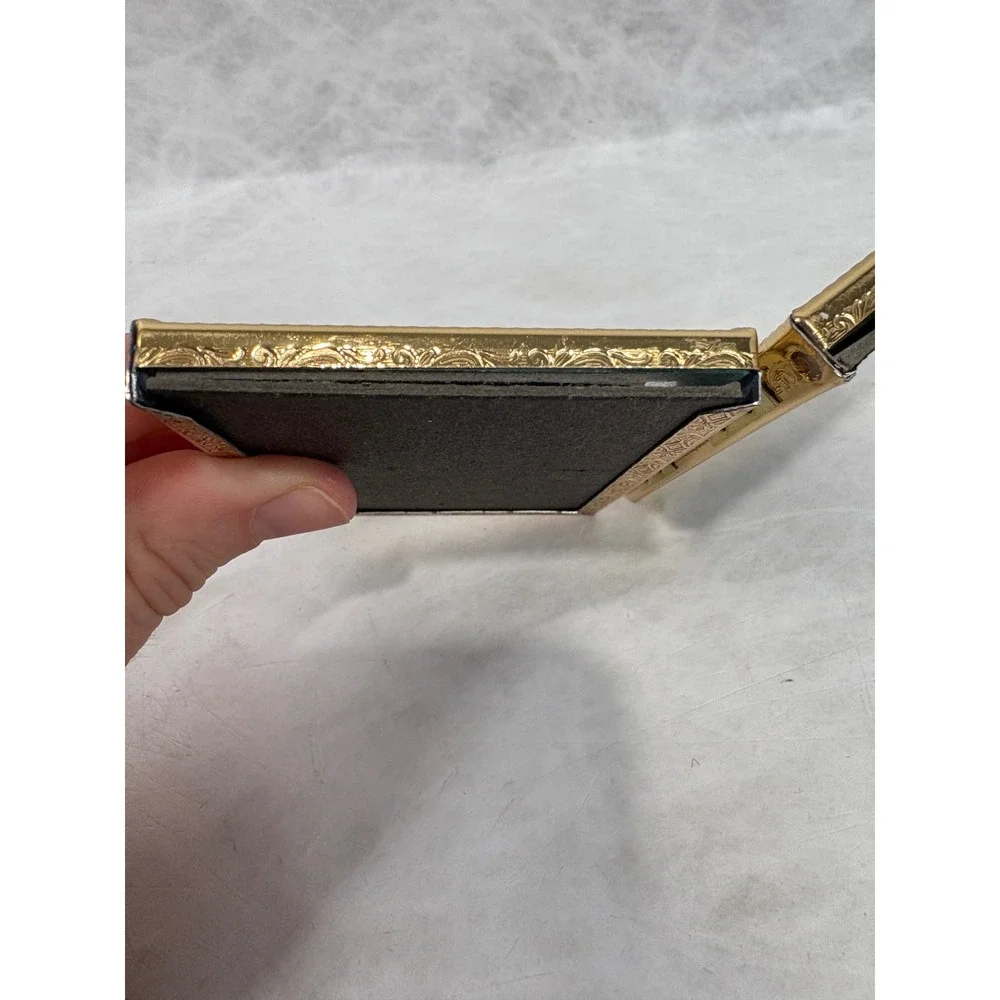 Vintage Gold Metal Double Folding Picture Frame Ornate Filigree Glass 2.5x3.5